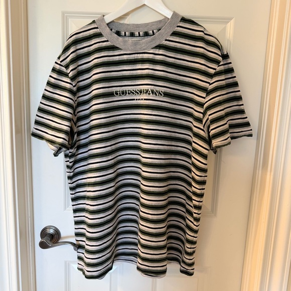 Guess Other - Vintage Guess Men's Multi-Stripe Tee - Black, White, Green